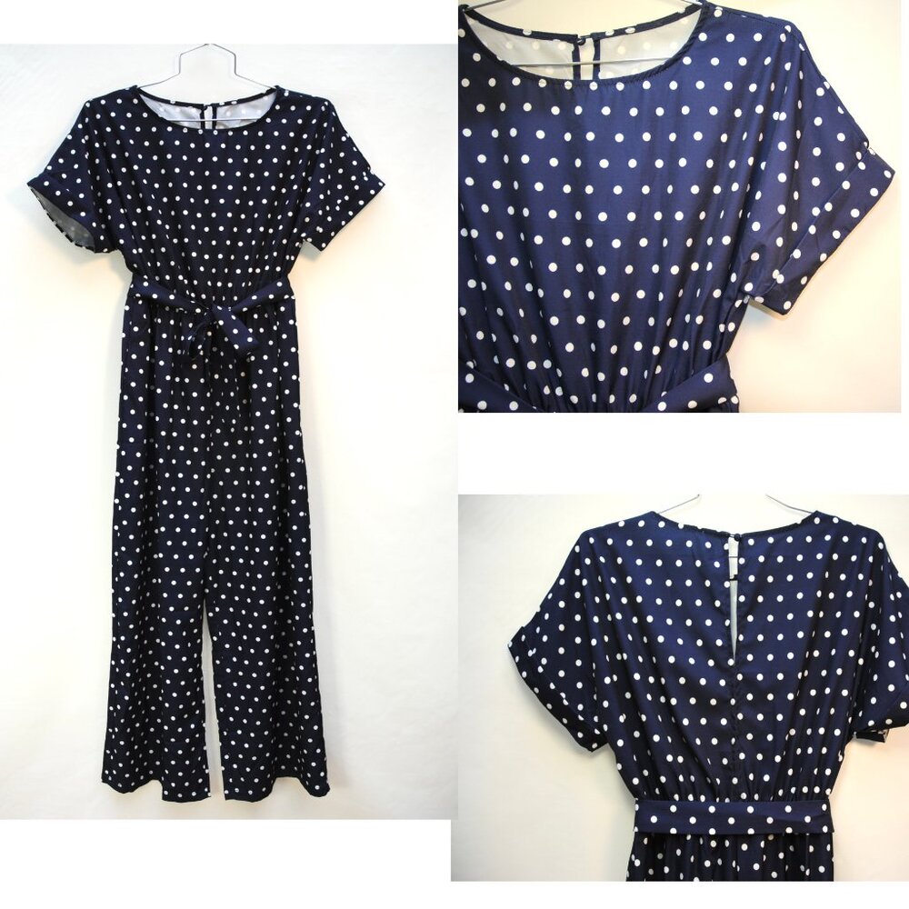 Navy polka dot JUMPSUIT Sz L-XL dressy & flowy, elastic waist, matching belt